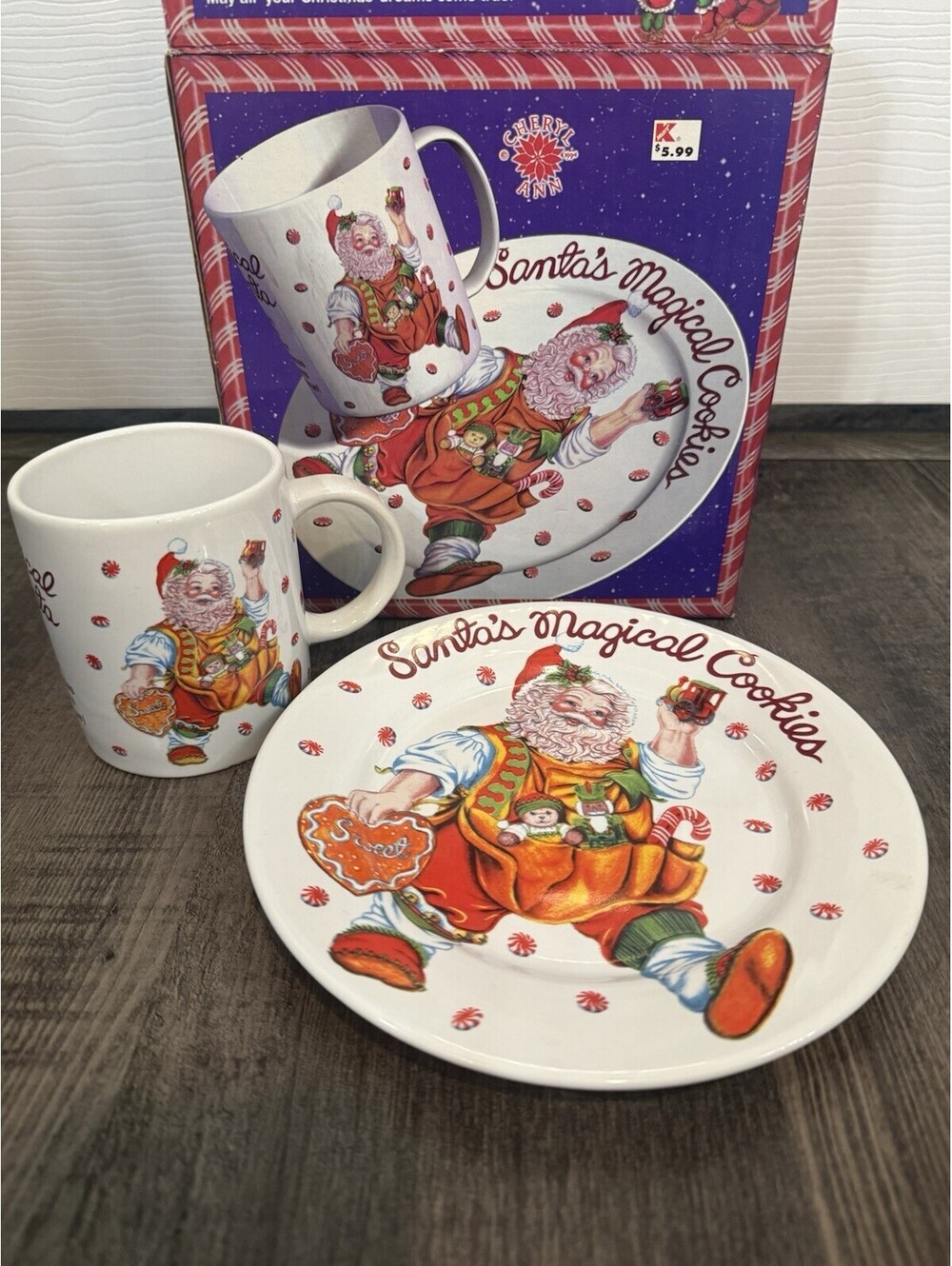 NOS Vintage 1994 SAKURA Cheryl Ann KMART Santa's Magical Cookies PLATE & MUG SET